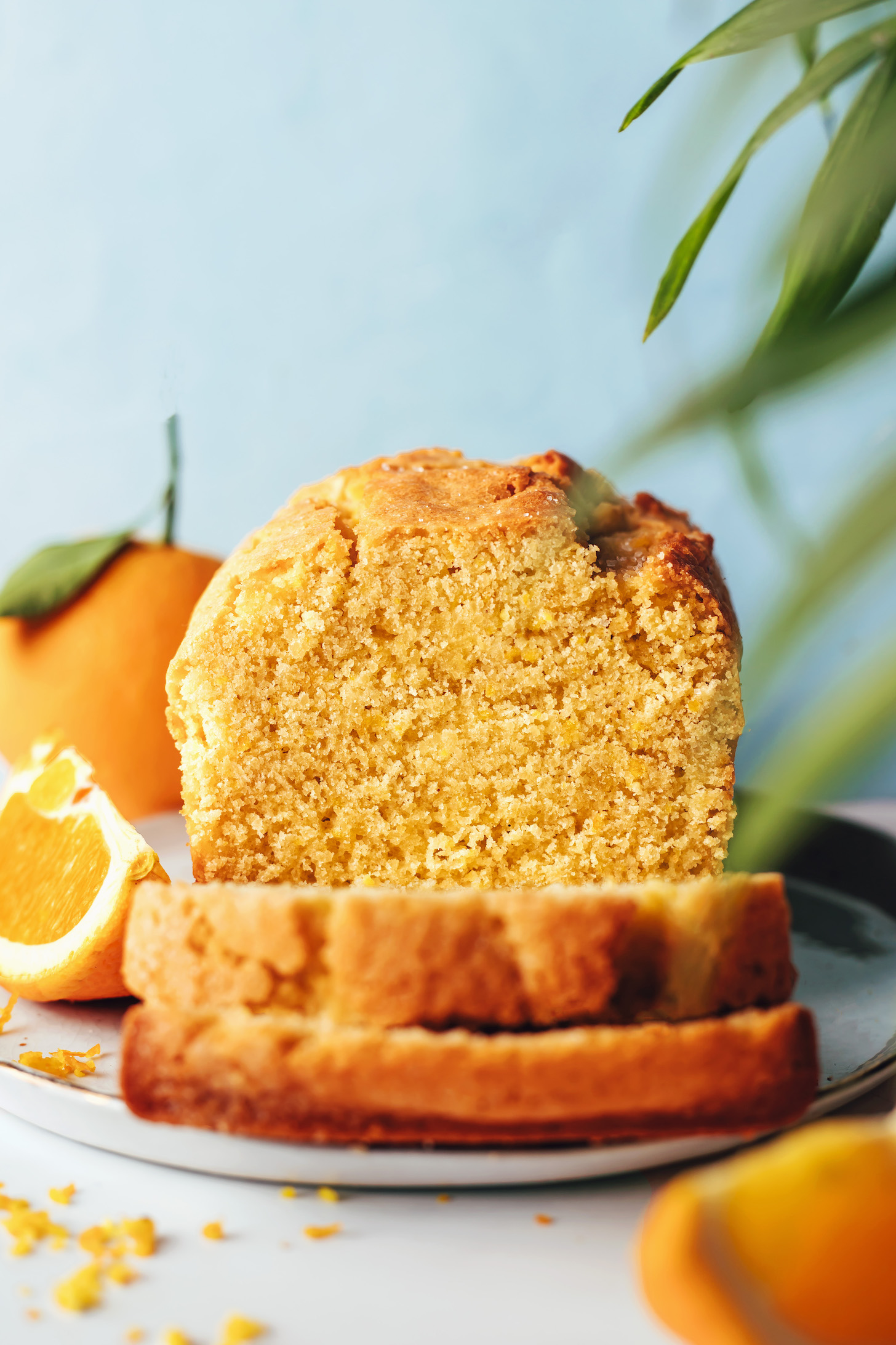 Partially sliced loaf of gluten-free orange almond cake surrounded by fresh oranges