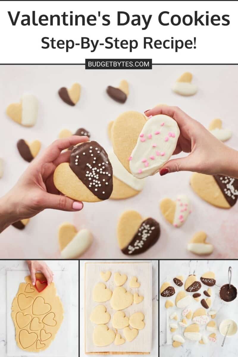 Collage with a large photo of two hands holding Valentine's Day cookies and three photos of different stages of the cookie baking process underneath it.